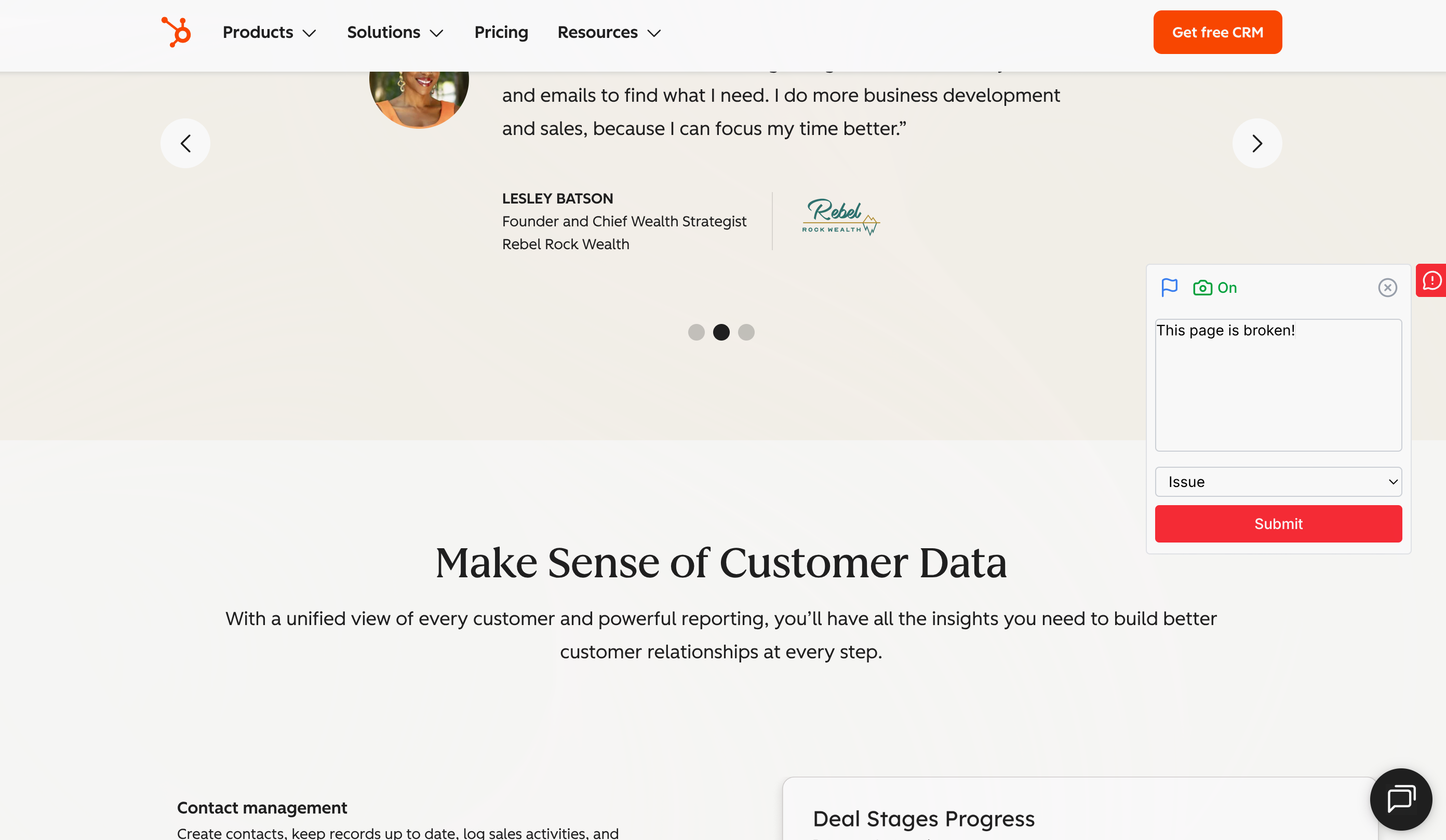 Complainer browser extension popup overlaid on a web page, showing the issue submission form