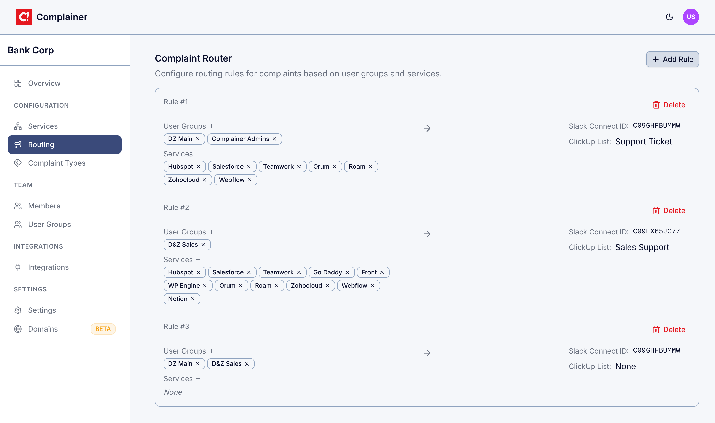 Complainer admin dashboard showing complaint routing rules configured by user group and service