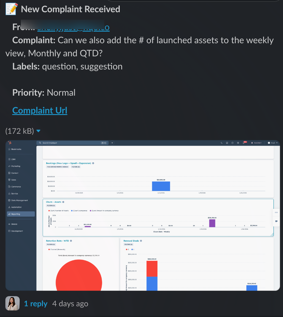 A Slack message showing a routed complaint with labels, priority, and an attached screenshot